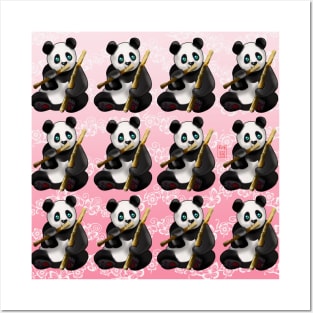 Cute panda pattern with bamboo stalks on a pink background Posters and Art